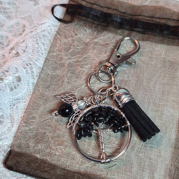 Sleutelhanger levensboom zilver obsidiaan