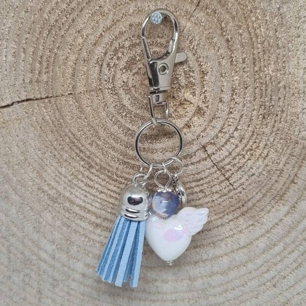 Sleutelhanger engel hart blauw/wit