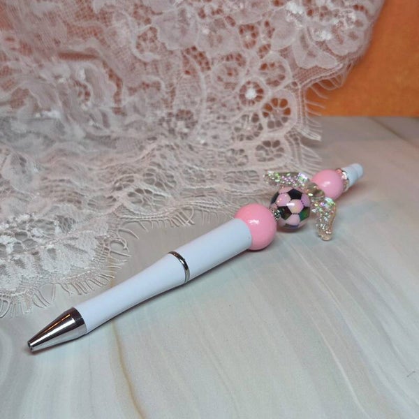 Pen voetbal roze/zwart/wit