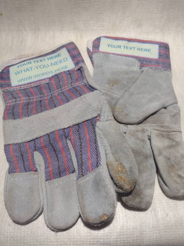 Working gloves, screen printed heat transferred text gauntlet