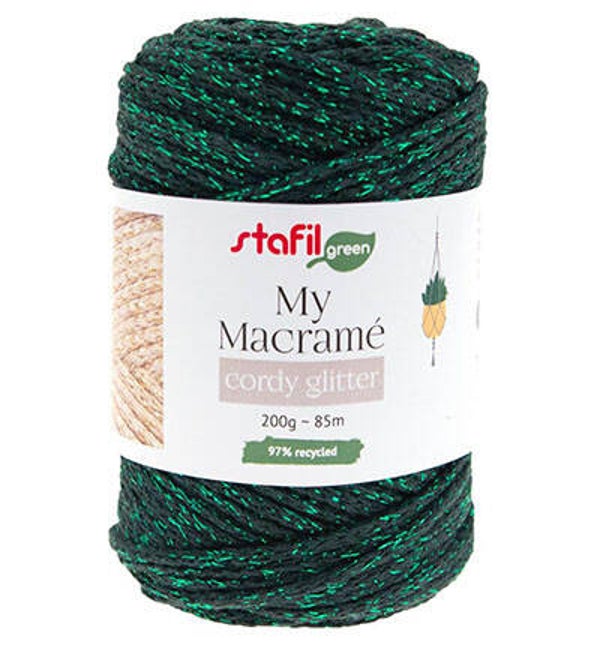 Macrame Cordy Glitter, donker groen 200gr / 85mtr. / 4mm stafil