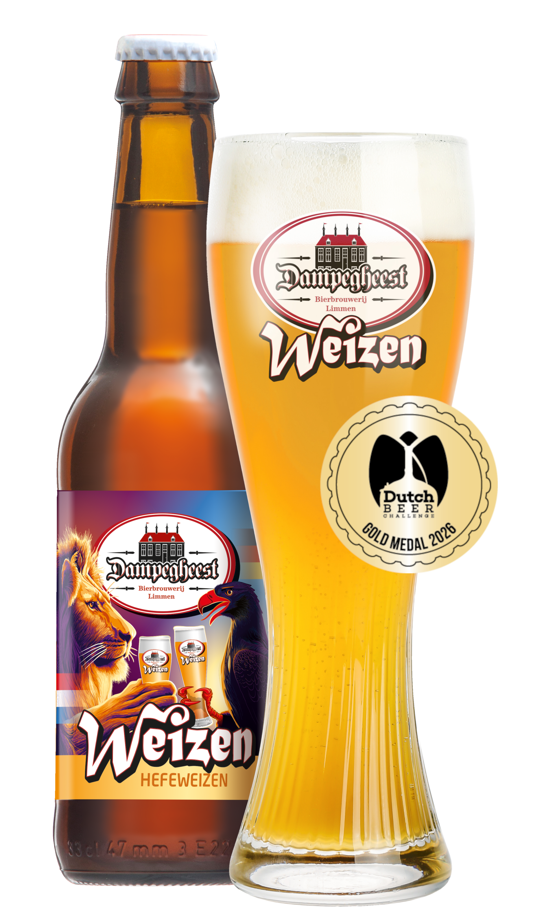 Fles en glas Dampegheest Weizen met gouden medaille