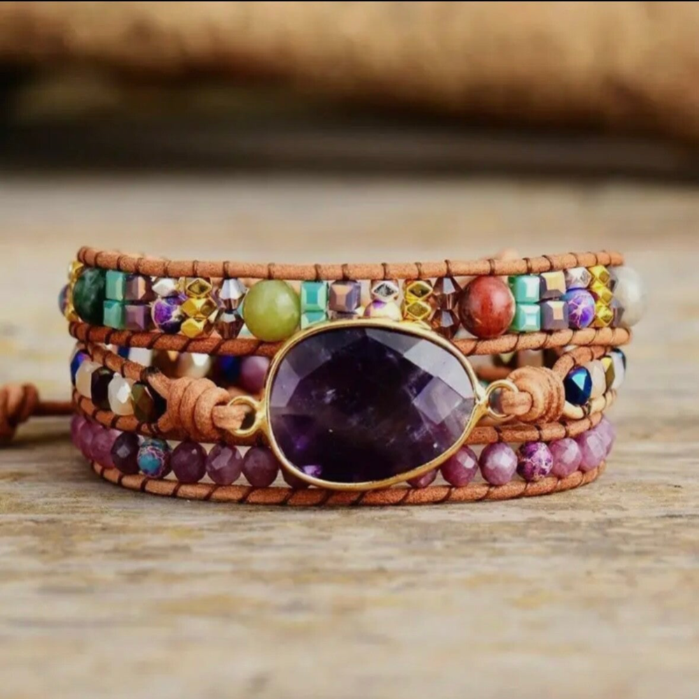Natuurlijke Amethist & Leidoliet wikkelarmband