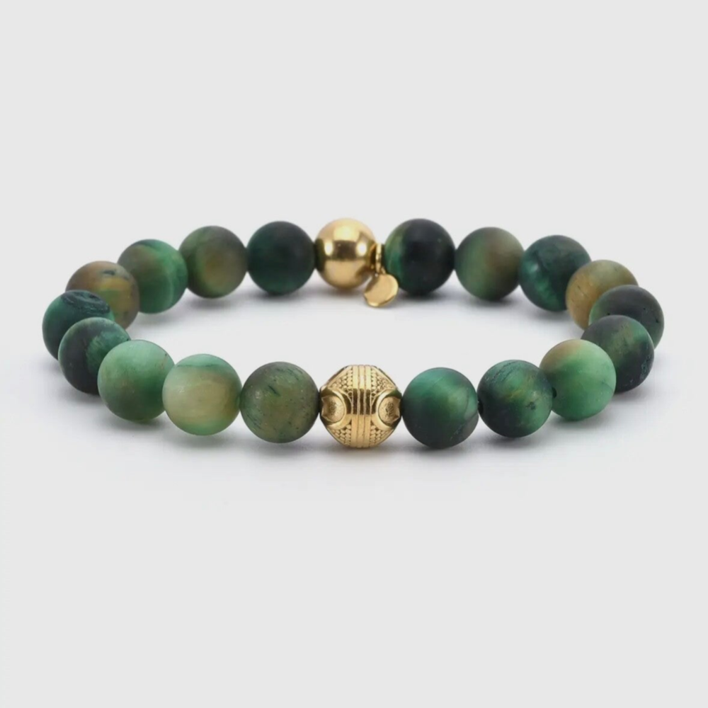 Stalen  armband van natuursteen met ronde groene tijgeroogkralen