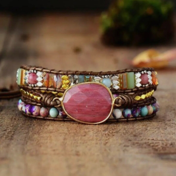 Natuurlijke Rhodoniet & Jaspis wikkelarmband