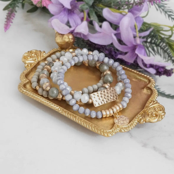 4 Boho Kralenarmbanden met grijs hout en halfedelstenen, glazen gouden munt en kralen