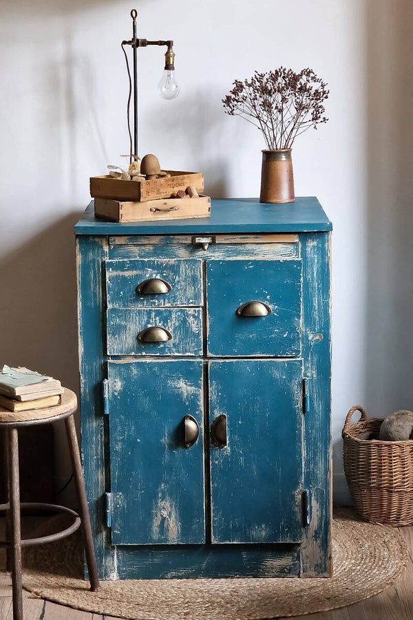 Buffet vintage en bois bleu patiné avec tablette bureau d’appoint – Léonce