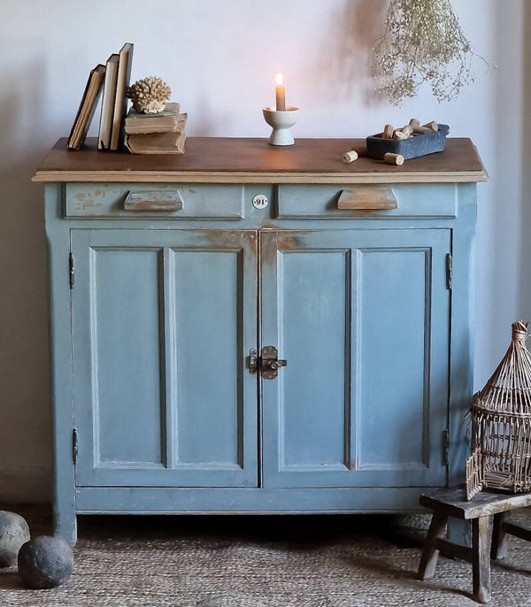 Buffet vintage bleu gris en bois restauré Charlot