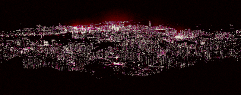 A city scape made of white and red dots against a black backdrop.