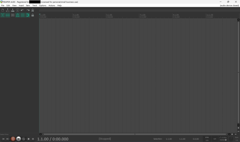 A screenshot of an essentially stock Reaper version 6.83 without the mixer window