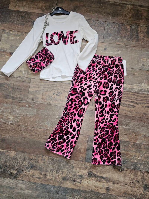 Velours flairbroek met longsleeve en tasje roze