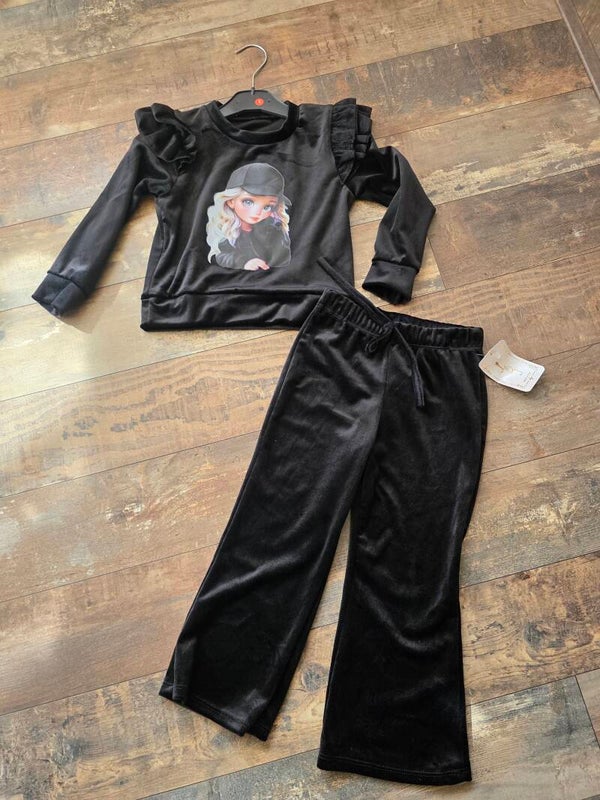 Velourse set zwart met opdruk