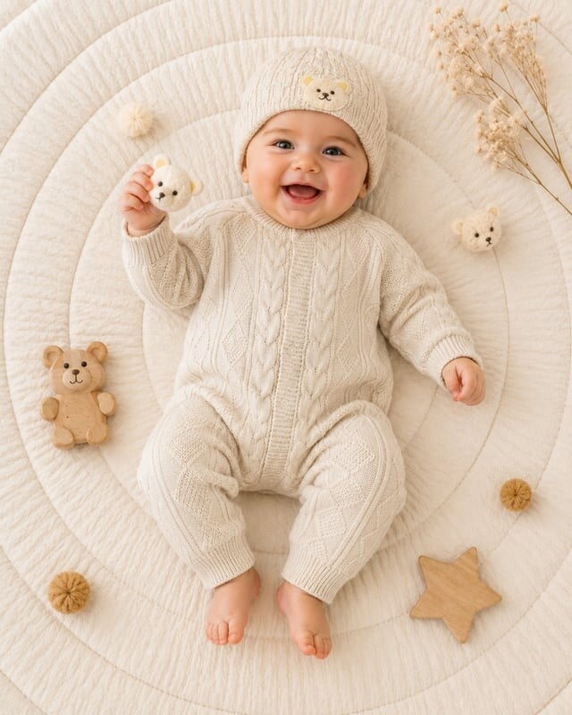 Fijn gebreide onesie beige