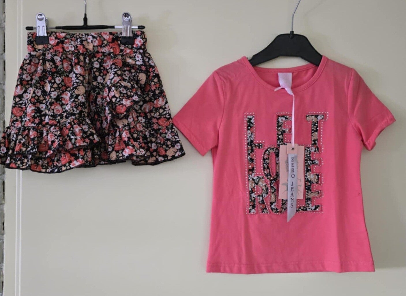 Rok + shirtje  bloem roze