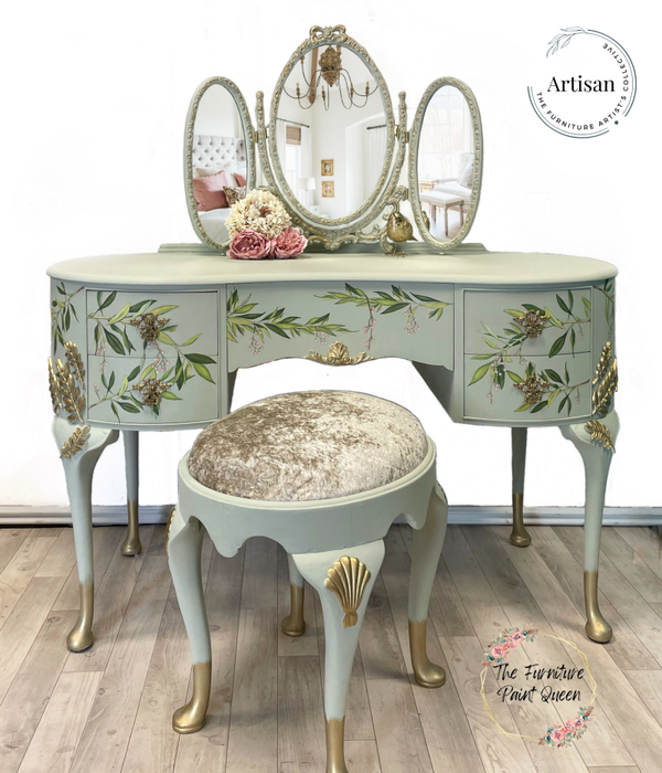 Vintage pastel green French style dressing table, Queen Anne style dressing table , Vintage french Louis style dressing table