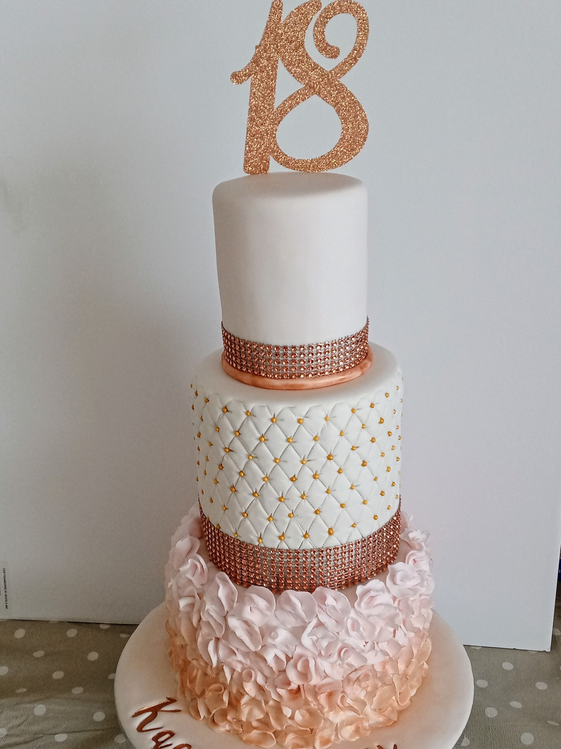 3 tier white and rose gold 18th birthday cake
