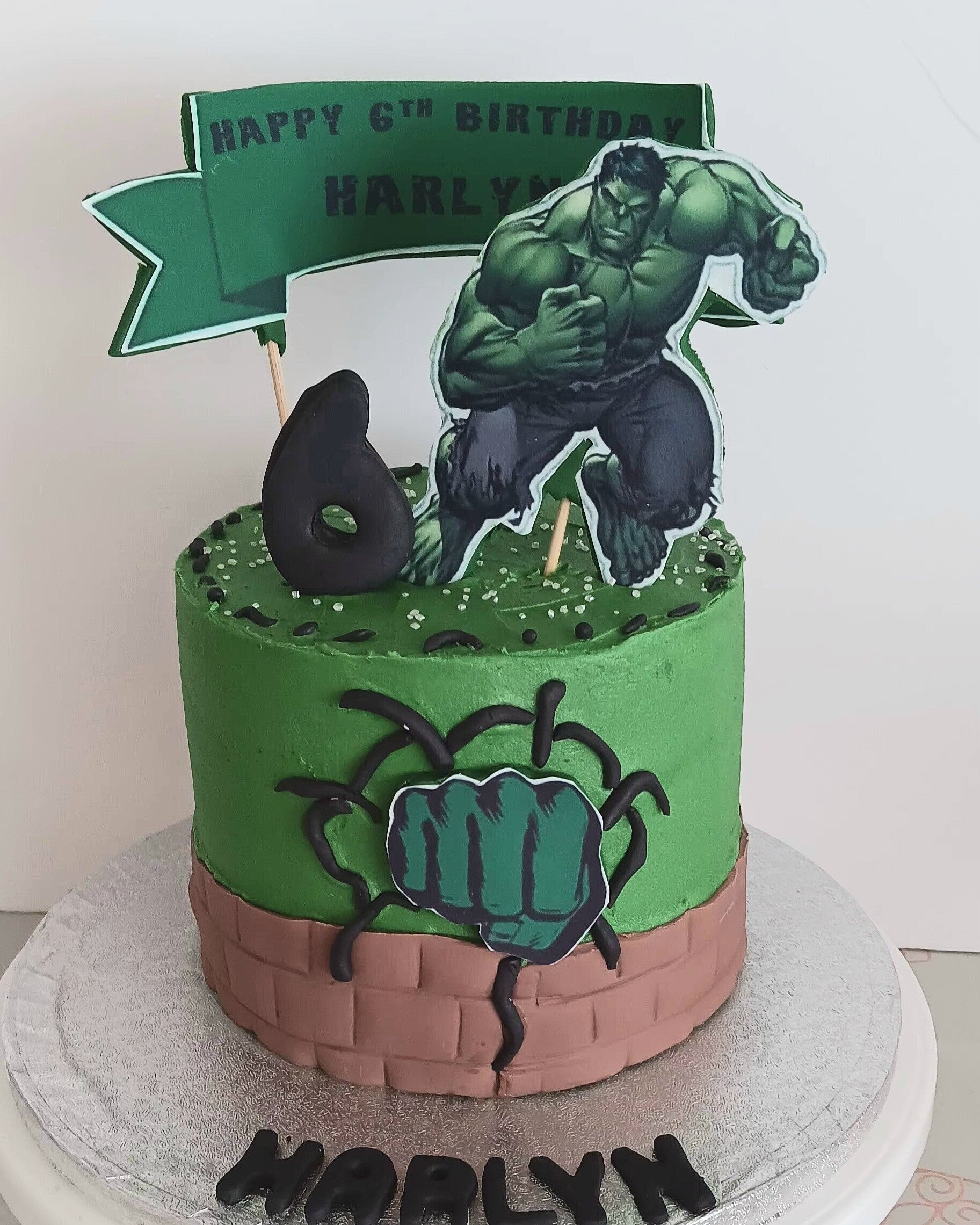 a green hulk inspired novelty cake