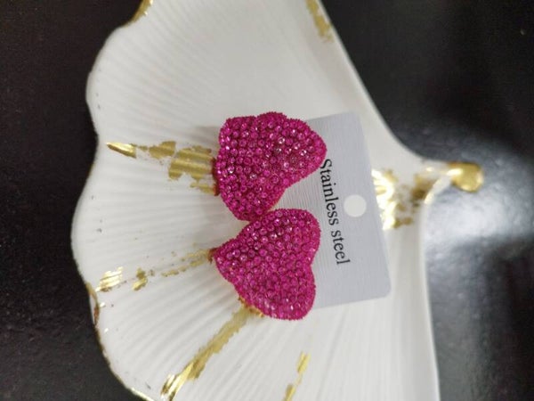 Boucles d'oreilles coeur strass rose plastique et acier inoxydable