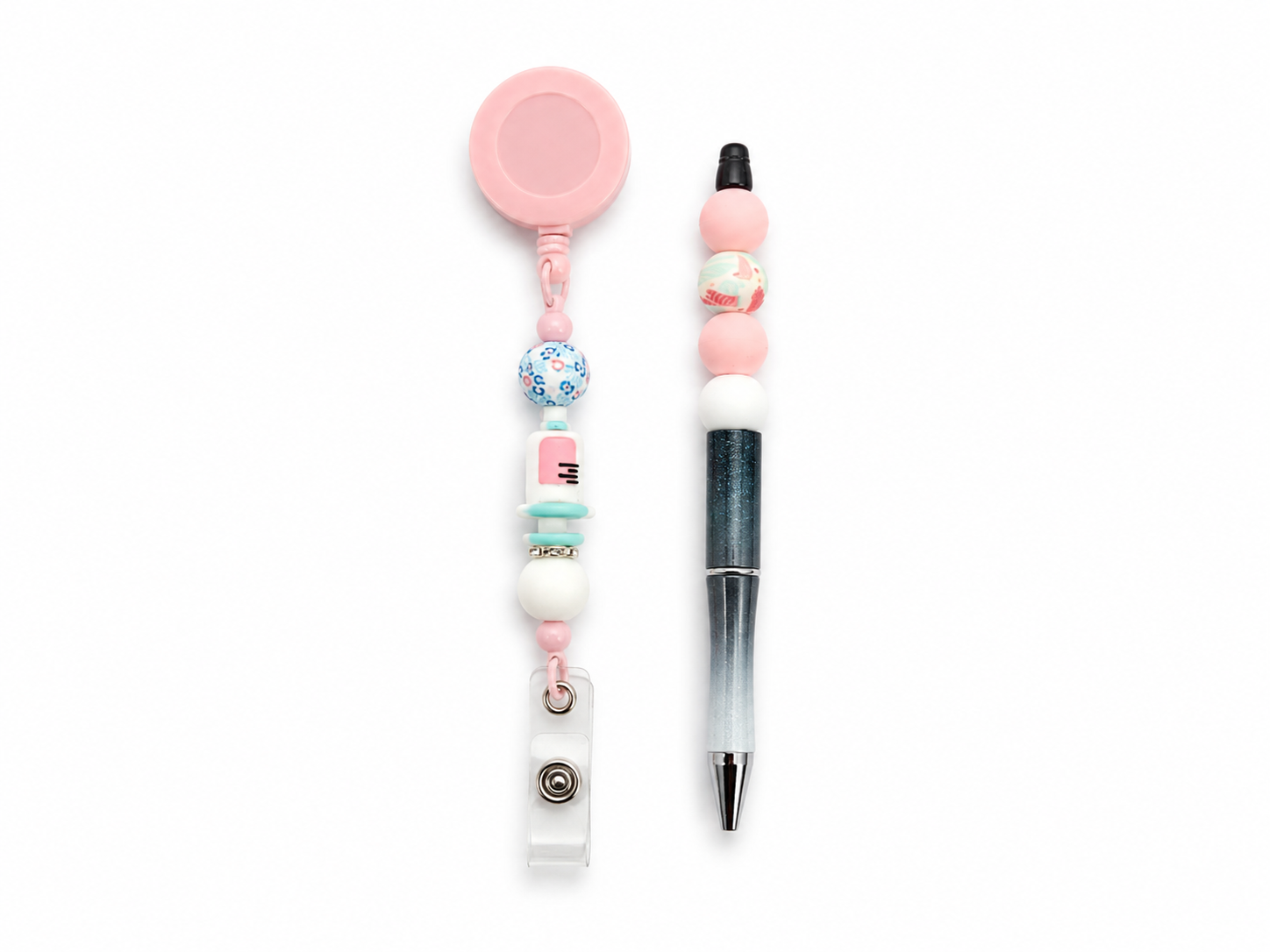 Naam badgehouder spuit blauw + pen en klein notitieboekje