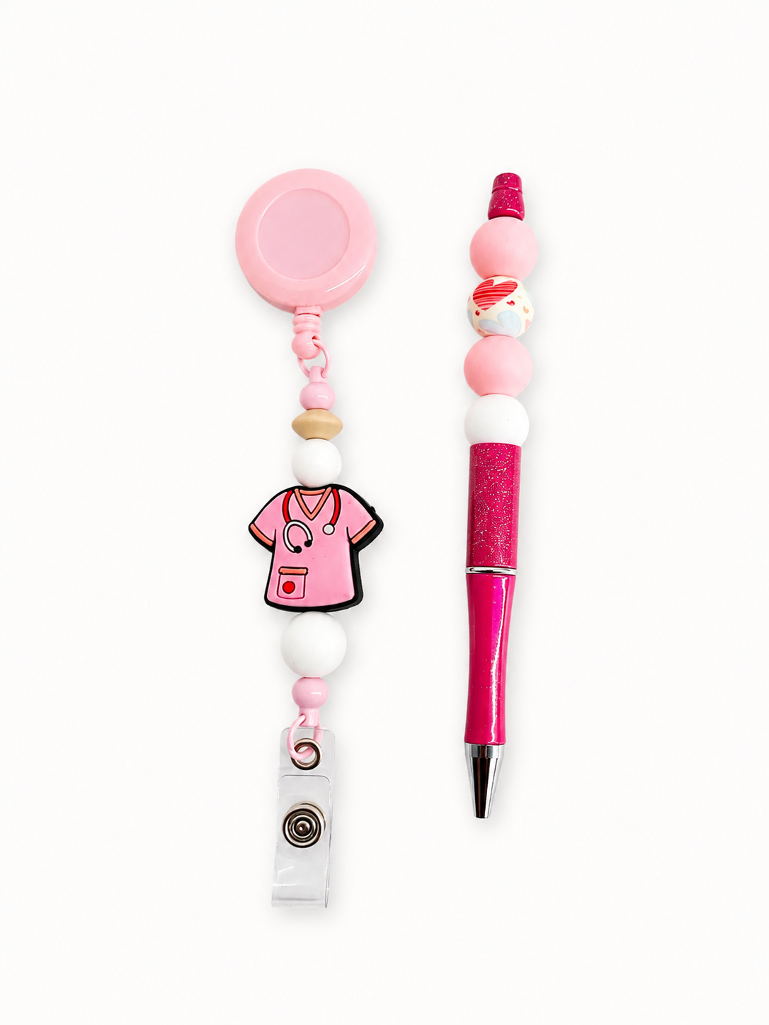 Naam badgehouder uniform roze + pen en klein notitieboekje