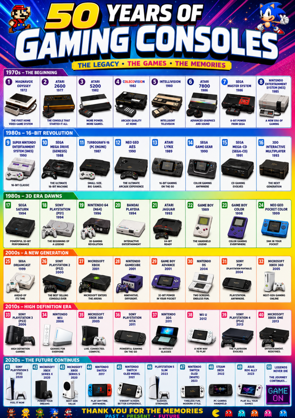 50 Years of Console Gaming A3 Poster – Retro Gaming Timeline Print