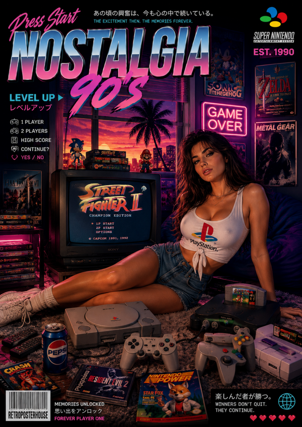 90s Gaming Nostalgia A3 Poster | Retro Console Inspired Wall Art | Vintage Gamer Room Décor