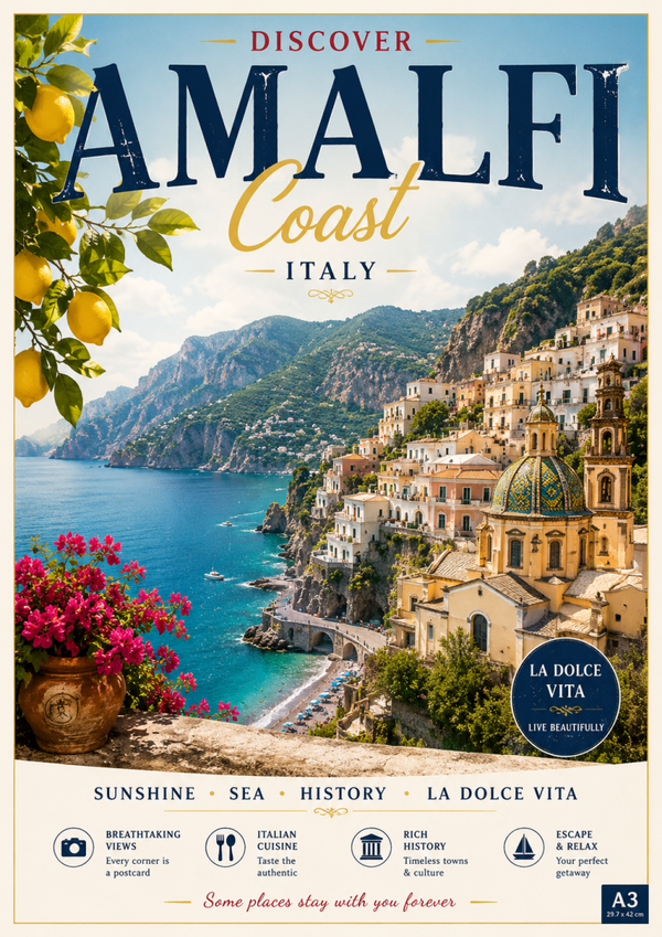 Discover Amalfi Coast Italy – Vintage Travel Inspired A3 Poster | RetroPosterHouse
