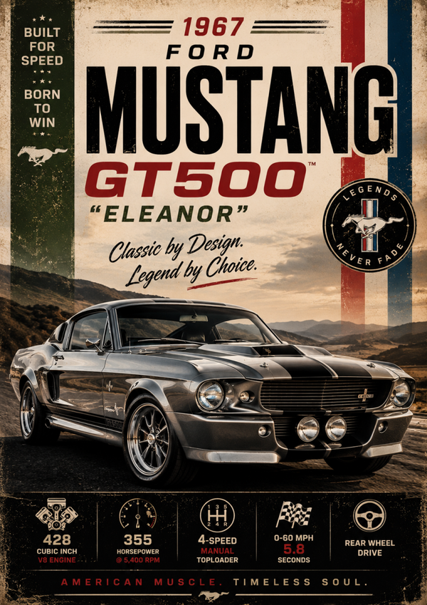 1967 Ford Mustang GT500 "Eleanor" A3 Poster – Classic American Muscle Car Wall Art