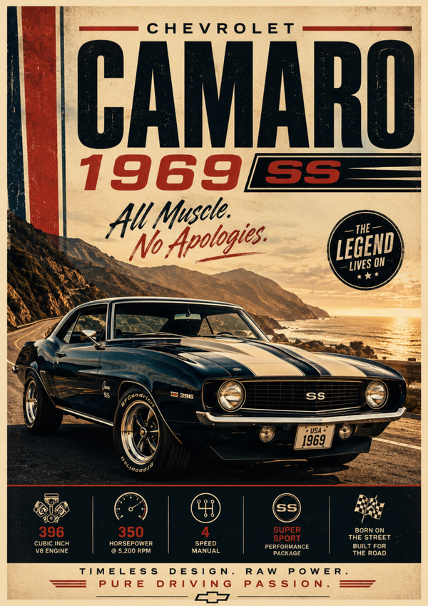 1969 Chevrolet Camaro SS A3 Poster – Classic American Muscle Car Wall Art