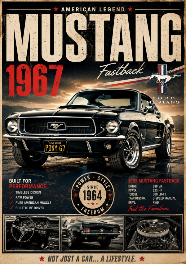 1967 Ford Mustang A3 Poster – Classic American Muscle Car Wall Art Print | RetroPosterHouse