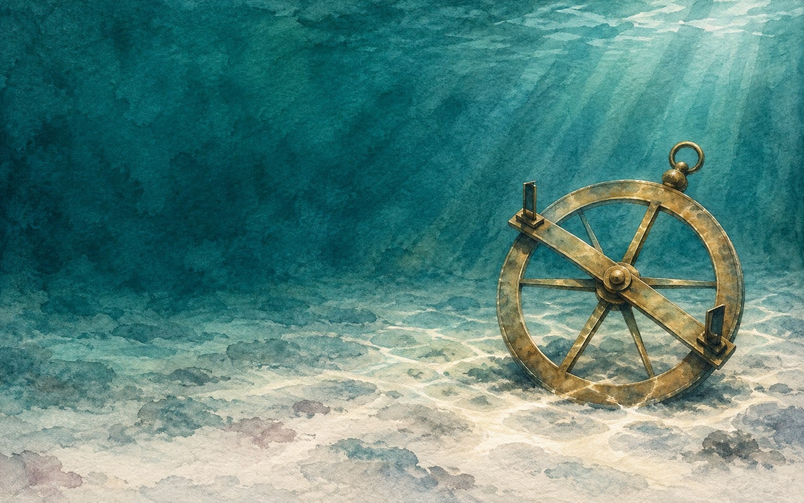 Acquerello: un astrolabio d'ottone posato sul fondale chiaro, la luce che scende dall'alto attraverso l'acqua verde.