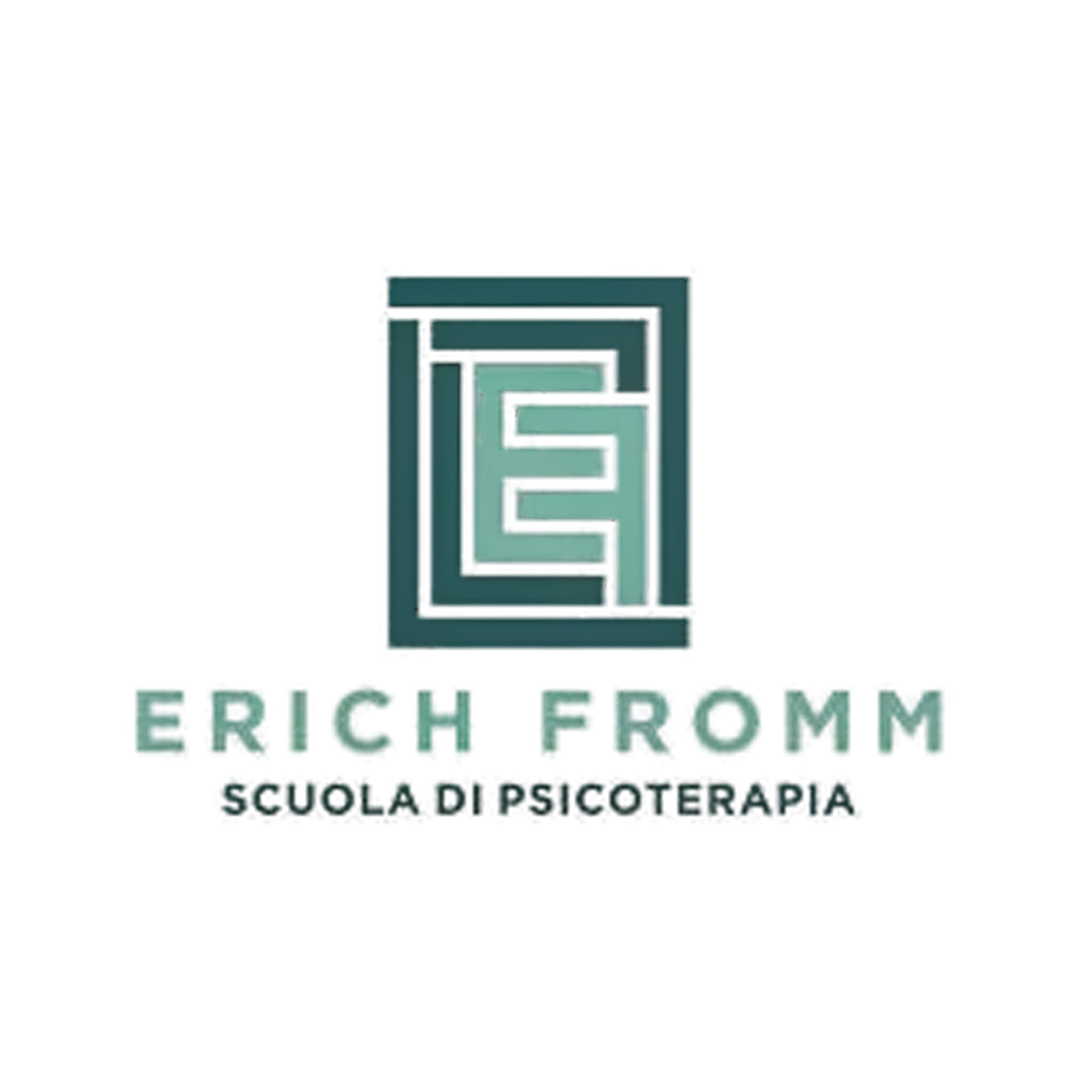 Marchio della Scuola di Psicoterapia Erich Fromm: monogramma EF a labirinto quadrato, in verde petrolio e verde acqua