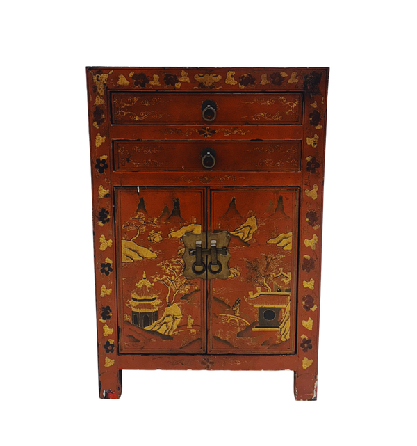 Vintage Chinees Roodgelakt Nachtkastje