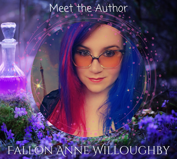 "Meet the author" Picture of Fallon Anne Willoughby "Fallon Anne Willoughby" with a background of flowers and potion bottle.