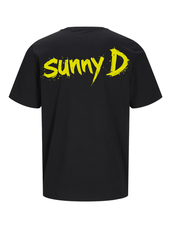 Large graffiti-style Sunny D print on the back black