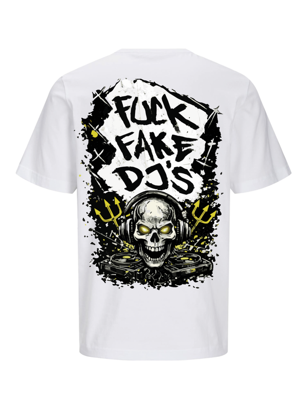 Sunny D Fuck Fake DJ’s Skull  T-Shirt back White
