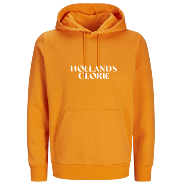 Oranje hoodie Hollands Glorie  wit logo voorkant