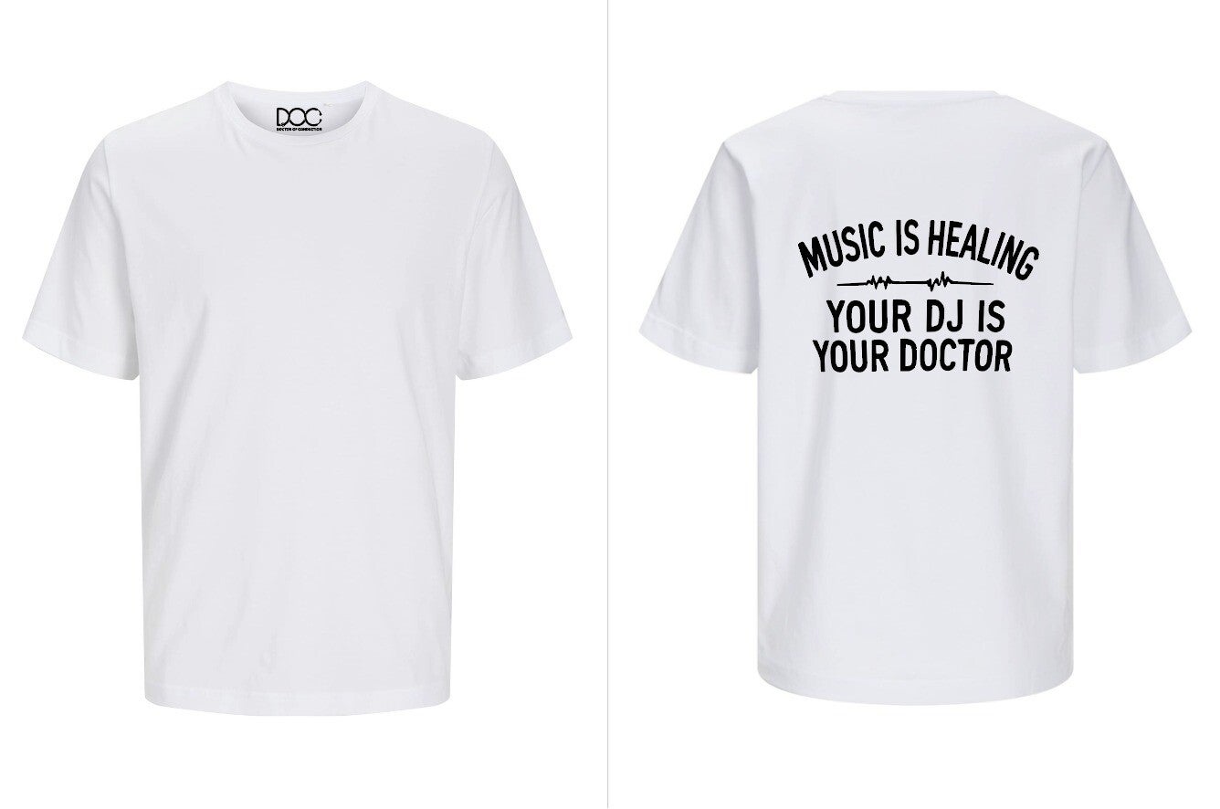 Witte Jack & Jones “Your DJ Is Your Doctor” T-shirt Back