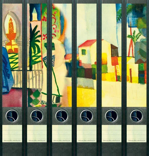 Die bunten Ordnerrücken von sechs Ordnern zeigen ein fröhliches Bild mit hellen Farben, einem kleinen Haus und Palmen. 