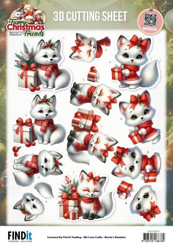 CD12527 furry christmas friends - christmas white fox