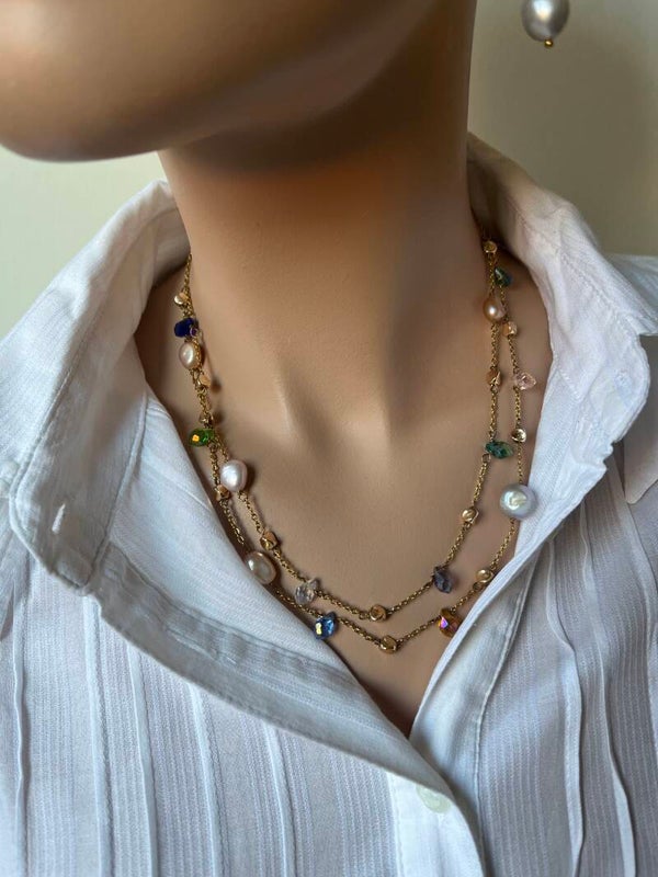 Vergulde ketting met kristalglas en zoetwaterparels