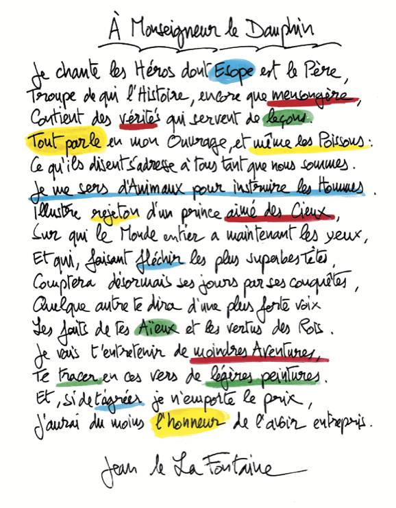 La fable manuscrite et colorée par Fiami. Les couleurs sont n'ont aucune signification. Elles sont utilisées uniquement pour chatouiller les yeux.