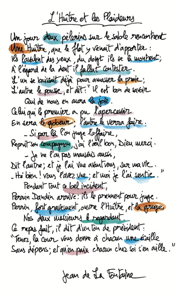 La fable manuscrite et colorée par Fiami. Les couleurs n'ont aucune signification. Elles sont utilisées uniquement pour chatouiller les yeux.