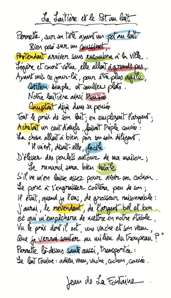 La fable manuscrite et colorée par Fiami. Les couleurs n'ont aucune signification. Elles sont utilisées uniquement pour chatouiller les yeux.
