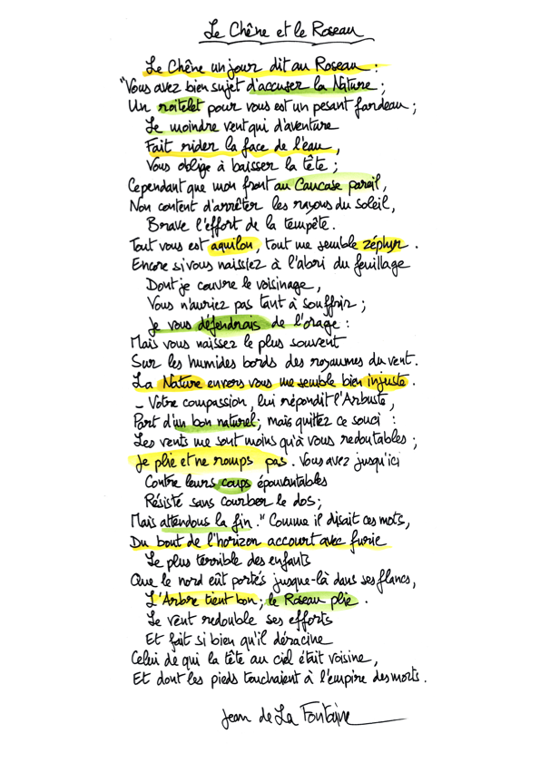 La fable manuscrite et colorée par Fiami. Les couleurs n'ont aucune signification. Elles sont utilisées uniquement pour chatouiller les yeux.