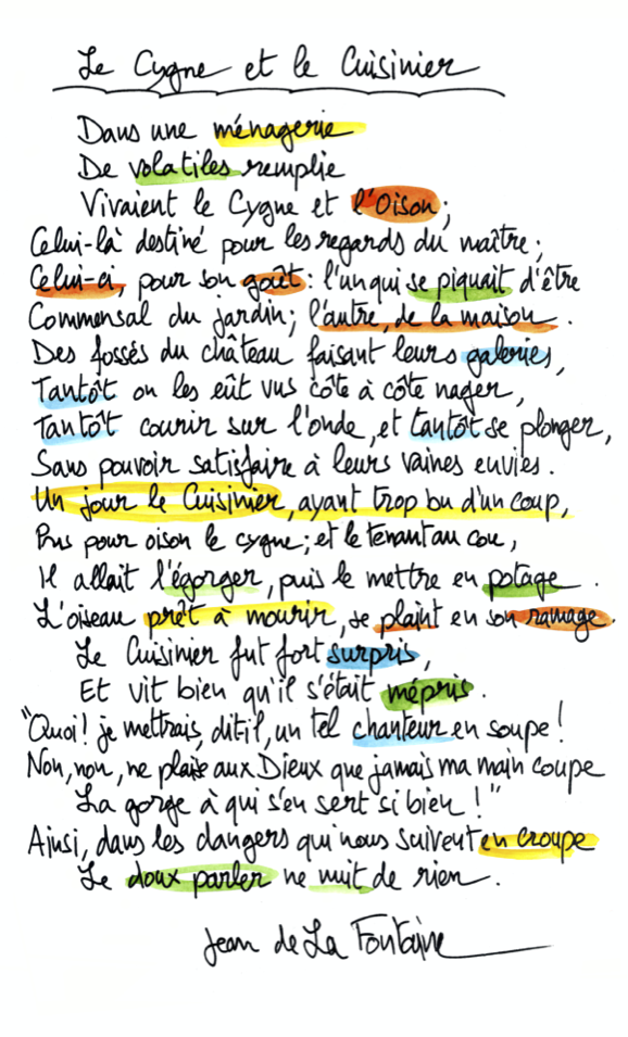 La fable manuscrite et colorée par Fiami. Les couleurs sont n'ont aucune signification. Elles sont utilisées uniquement pour chatouiller les yeux.