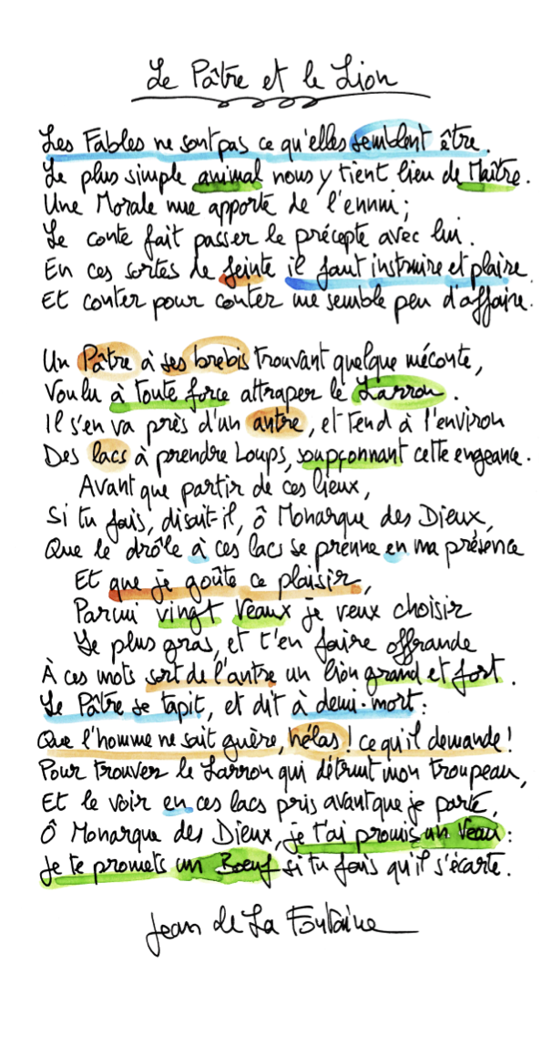 La fable manuscrite et colorée par Fiami. Les couleurs n'ont aucune signification. Elles sont utilisées uniquement pour chatouiller les yeux.