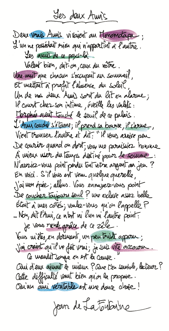 La fable manuscrite et colorée par Fiami. Les couleurs sont n'ont aucune signification. Elles sont utilisées uniquement pour chatouiller les yeux.