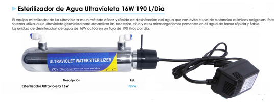 Esterilizador de Agua Ultravioleta 16W 190 L/Día