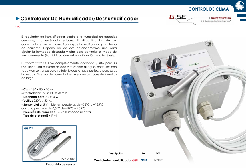 Controlador de Humidificador/Deshumidificador GSE